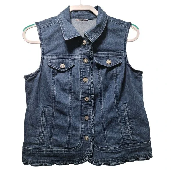 OSO Casuals Womens Sleeveless Denim Jacket Vest M Blue Ruffles Collared Pockets - Picture 1 of 3
